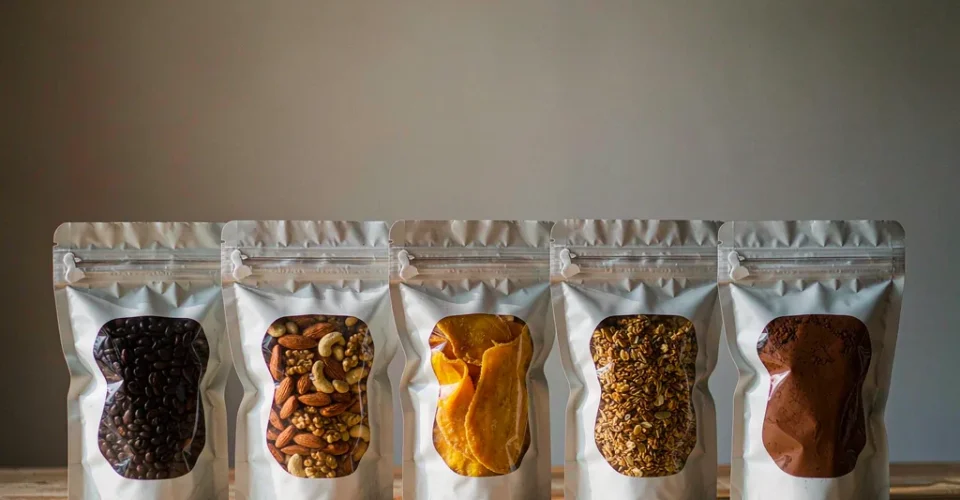 Row of matte resealable stand-up pouches filled with coffee, nuts, dried fruit and granola on a wooden table, illustrating food packaging shelf life