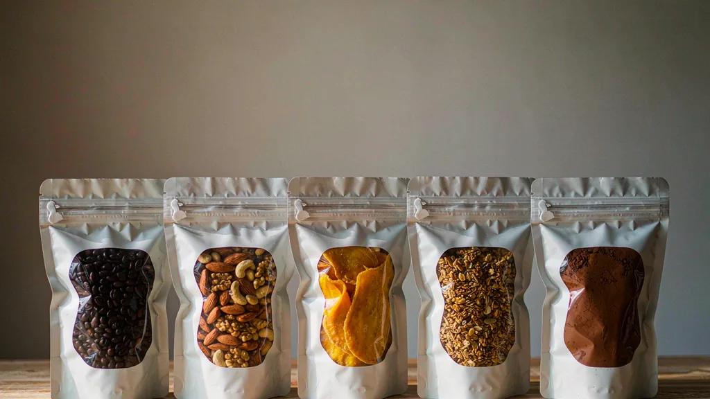 Row of matte resealable stand-up pouches filled with coffee, nuts, dried fruit and granola on a wooden table, illustrating food packaging shelf life