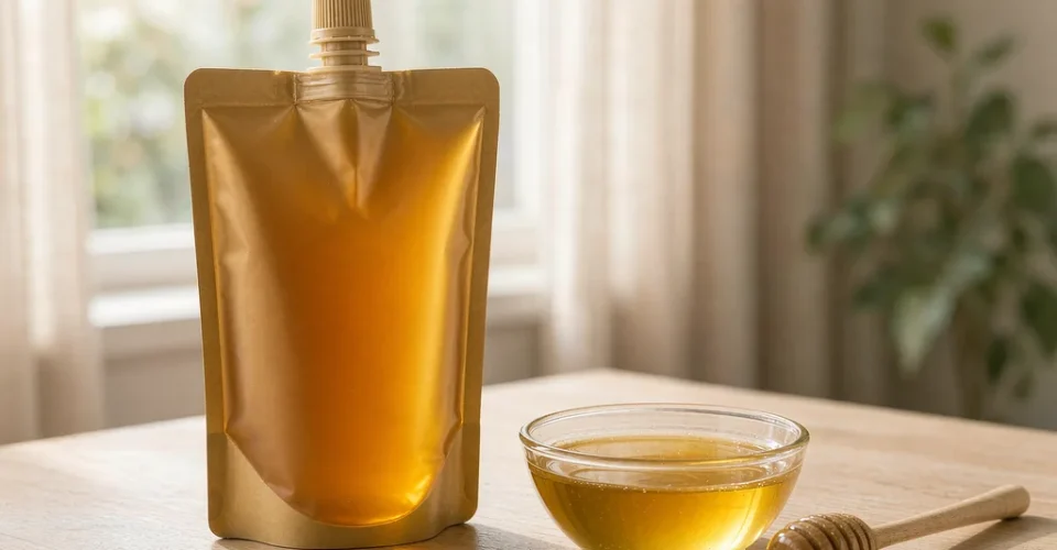 Matte amber stand-up pouch with a screw spout filled with golden honey beside a glass dish of honey and a wooden dipper on a light wooden table