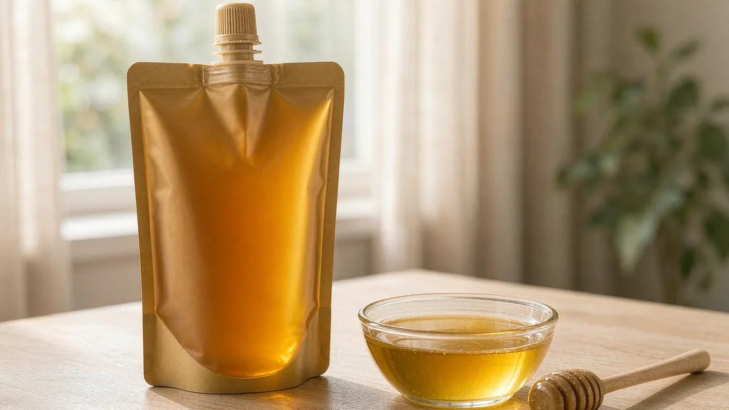 Matte amber stand-up pouch with a screw spout filled with golden honey beside a glass dish of honey and a wooden dipper on a light wooden table
