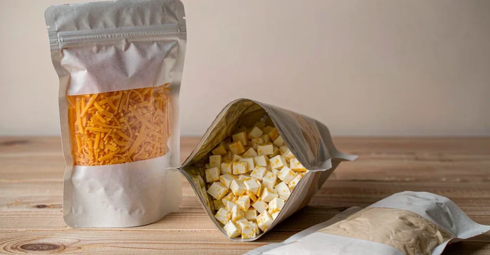 Matte stand-up pouches filled with shredded cheddar and cubed cheese snacks on a light wooden table