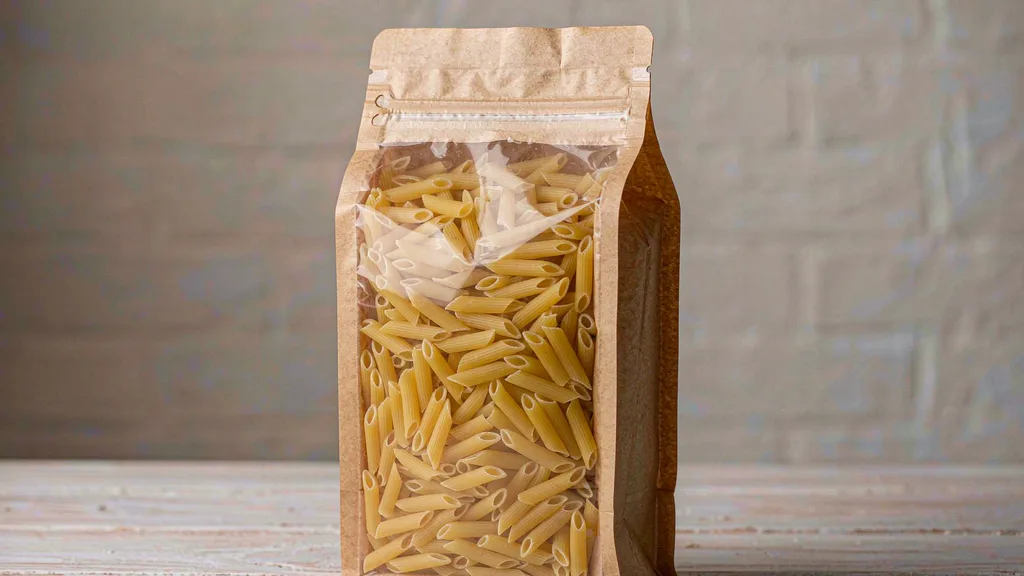 Kraft-front stand-up pasta packaging bag with a clear window and zipper, filled with dried penne on a wooden table