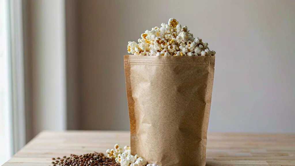 A kraft stand-up pouch filled with popcorn on a wooden table with loose kernels scattered beside it