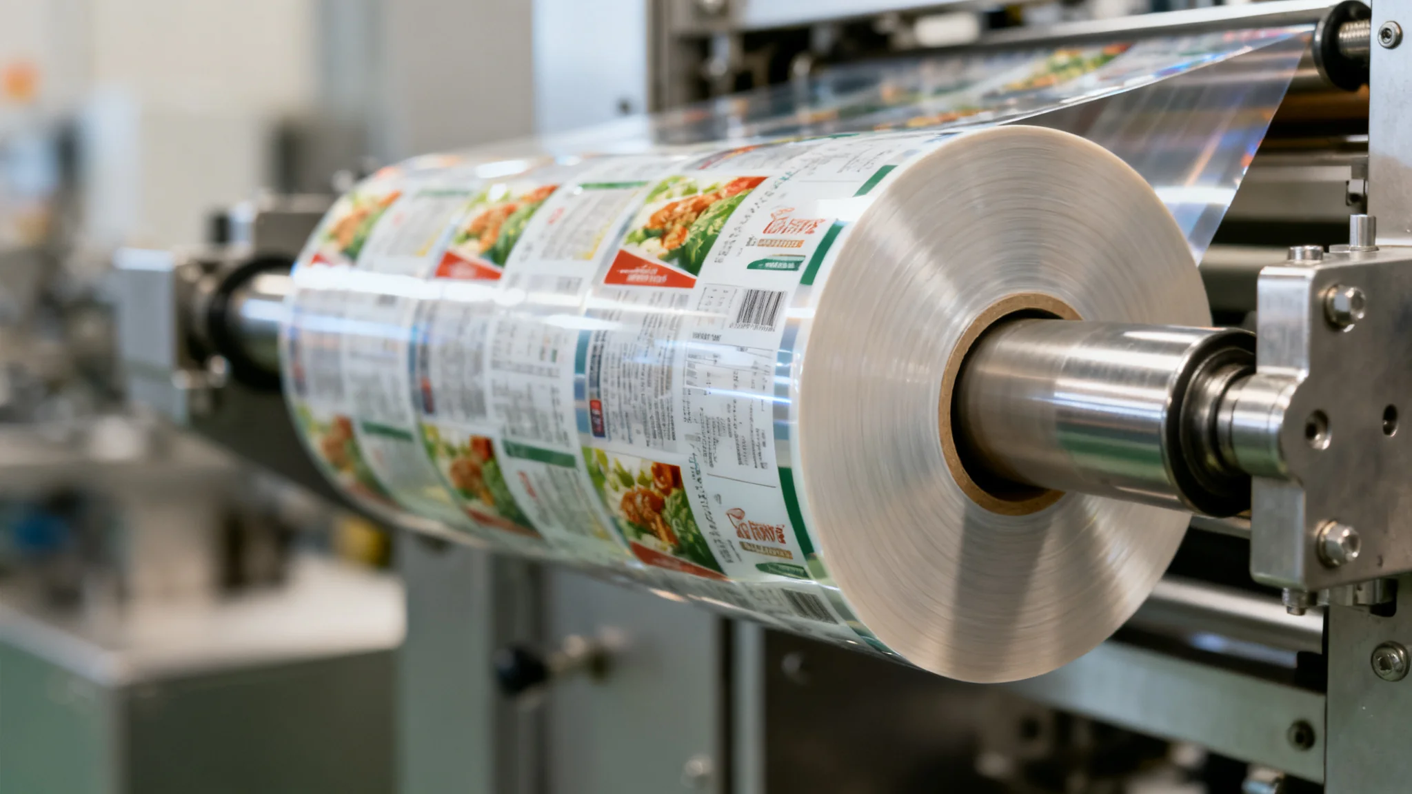 Printed rollstock film feeding through a form-fill-seal packaging machine, concept visual