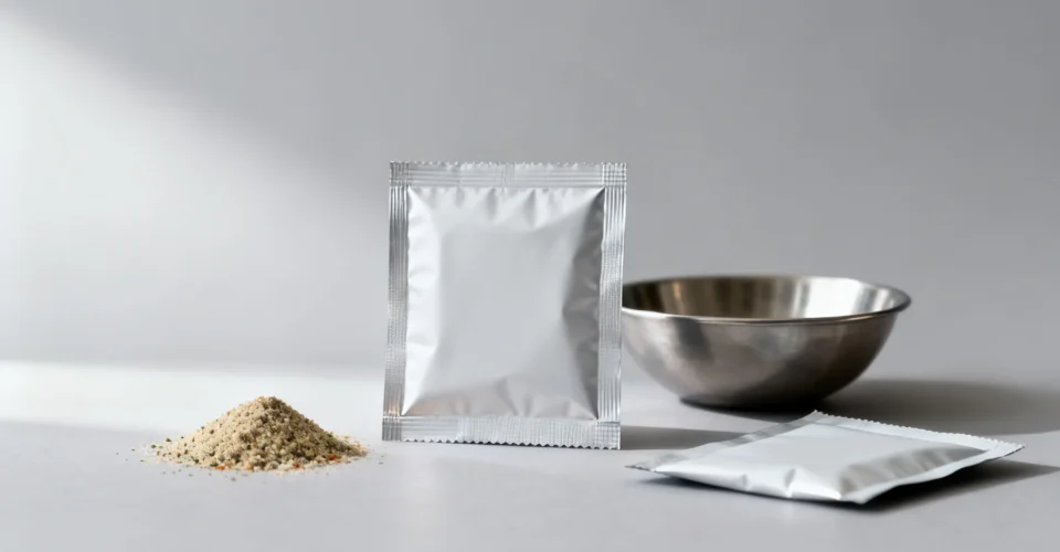 Concept visual of unprinted seasoning powder sachets and a bowl of mixed seasoning, illustrating seasoning powder packaging and seal integrity