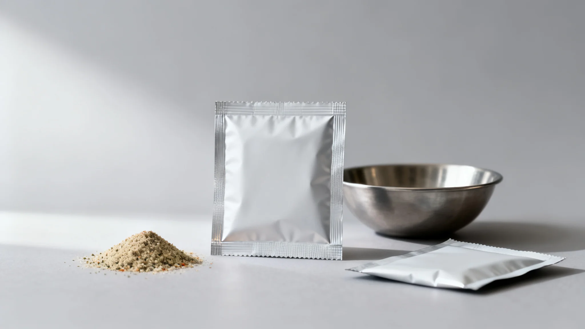 Concept visual of unprinted seasoning powder sachets and a bowl of mixed seasoning, illustrating seasoning powder packaging and seal integrity