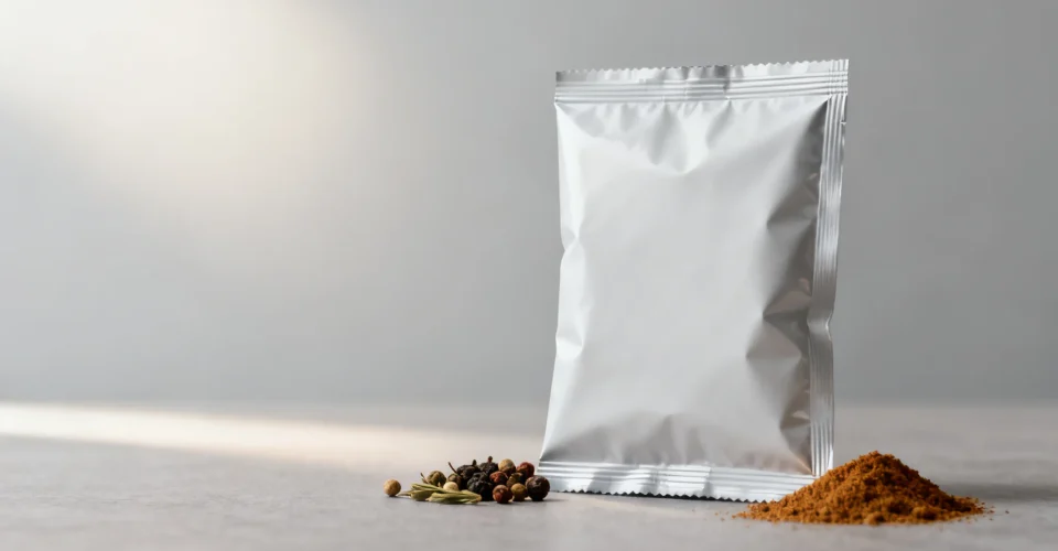 Concept visual of a spice pouch used to illustrate aroma retention, barrier choice and seal hygiene