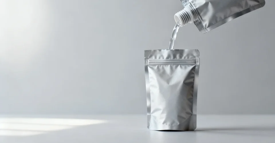 an unbranded stand-up spout pouch with a screw cap, tilted in mid-pour with a clear liquid stream, clean studio background