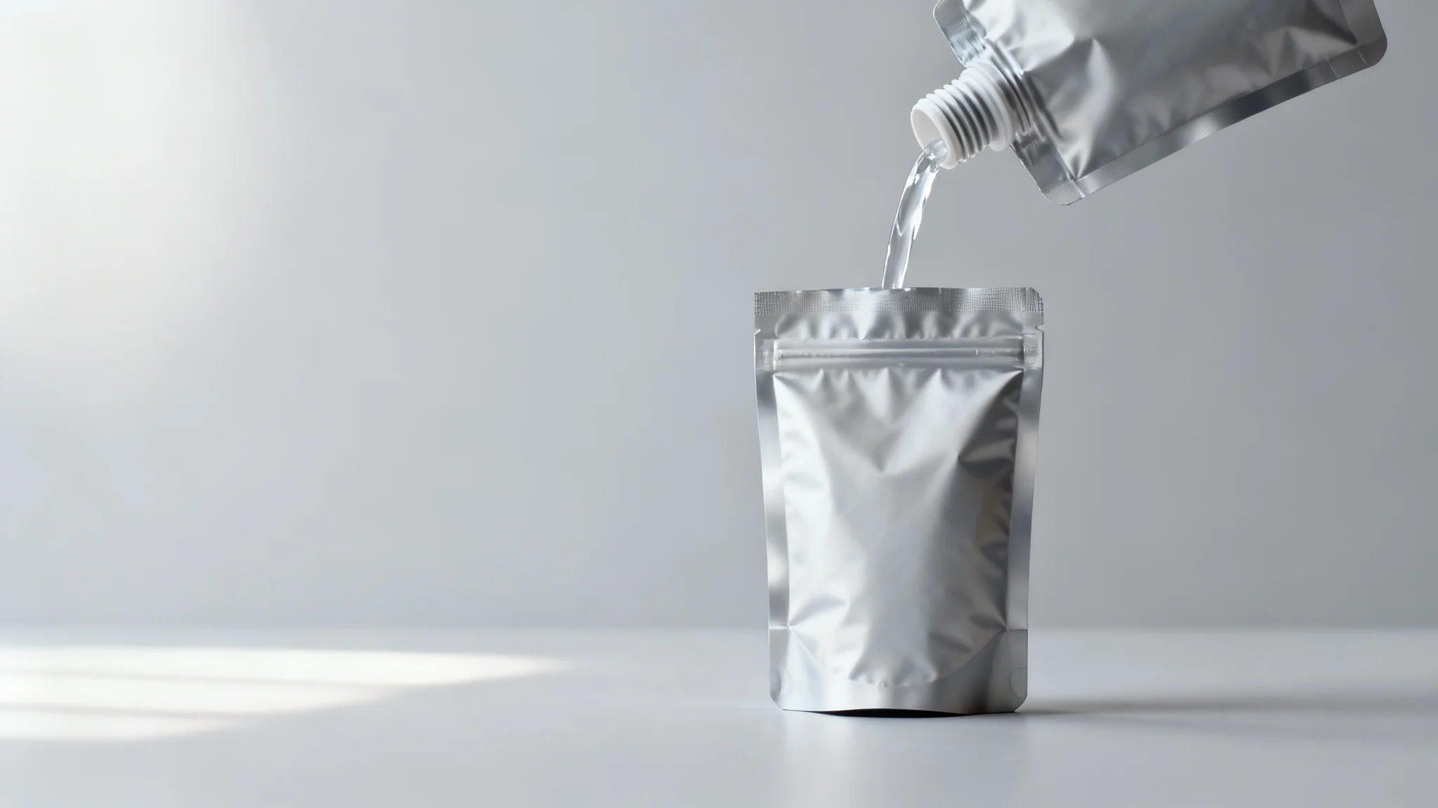 an unbranded stand-up spout pouch with a screw cap, tilted in mid-pour with a clear liquid stream, clean studio background